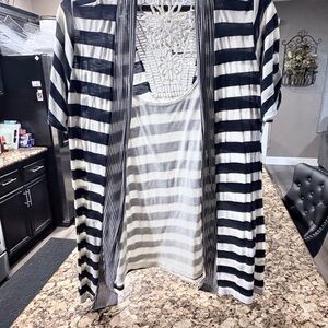 Lavish Black & White Striped Crochet-Trim Tank Set